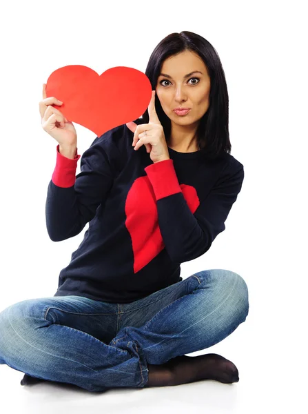 Hermosa joven con corazones rojos aislados en blanco —  Fotos de Stock