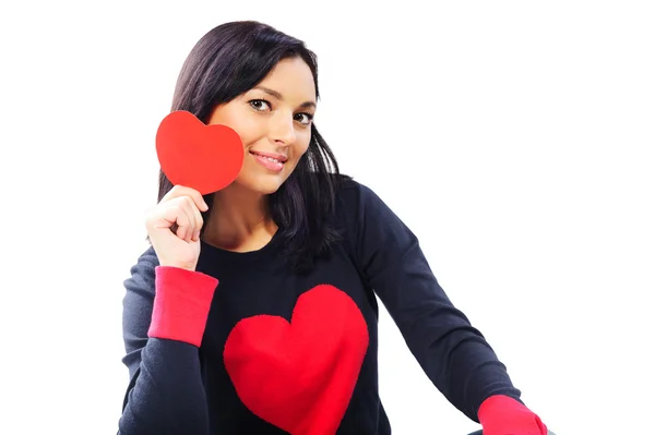 Hermosa joven con corazones rojos aislados en blanco — Foto de Stock