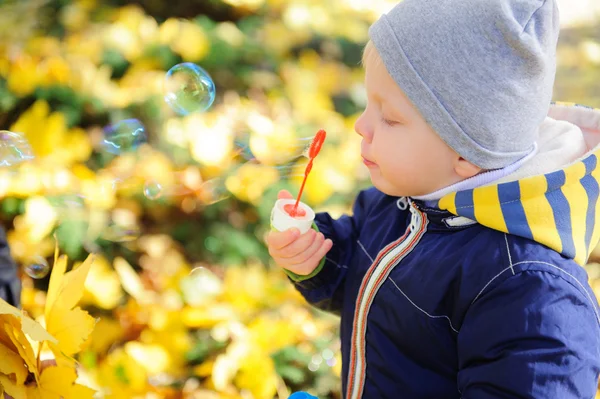 Little boy blowing soap bubbles in autumn park — Stock Photo, Image