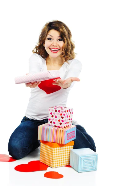 Beautiful woman with present boxes isolated — Stock Photo, Image