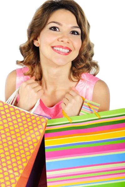 Joven chica alegre con coloridas bolsas de compras — Foto de Stock