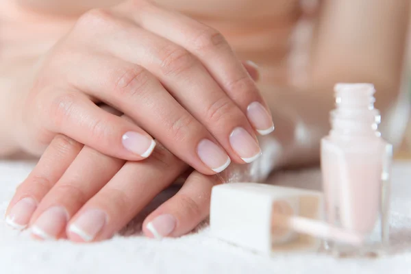 Mãos de mulheres com bela manicura francesa — Fotografia de Stock