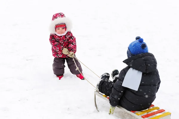 Cute kindergarten girl pulling her young brother on sled — Stock Photo, Image