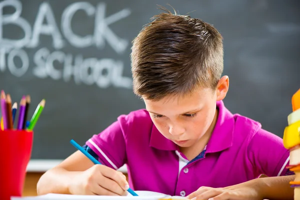 Söt skola pojke studerar i klassrummet — Stockfoto