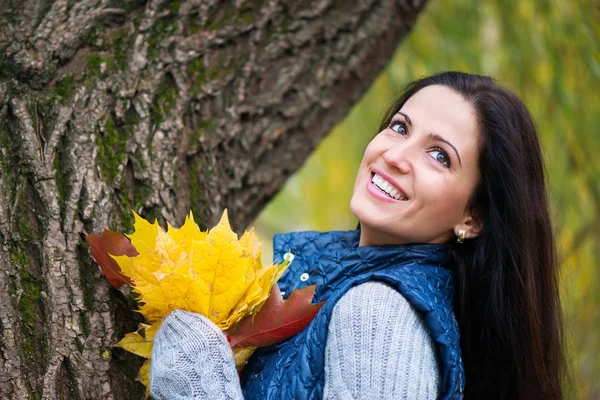 Beautiful girl holding yellow autumn leaves — Stock Photo, Image