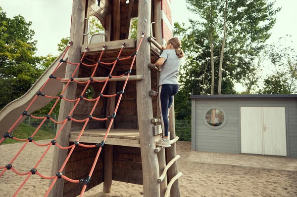 Cute Little Teen Girl Playing Climbing Playground Sunny Day — Stock Photo, Image