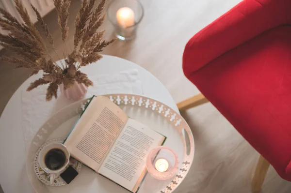 Overview Photo Table Coffee Book Red Chair Window — Stock Photo, Image