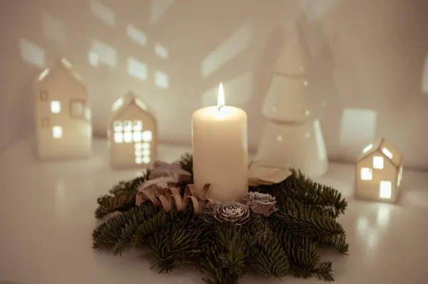 Decoração Natal Com Abeto Velas Luzes Mágicas — Fotografia de Stock