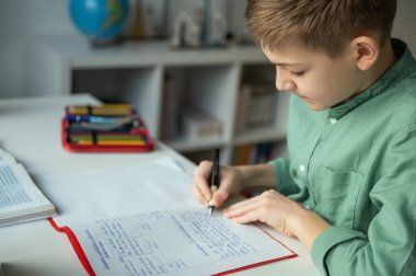 Çalışkan tenn öğrenci çevrimiçi kurs sırasında masada oturuyor ve evde çalışıyor.