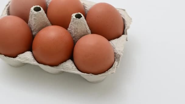 60Fpsアップビデオの鶏の茶色の卵で紙トレイ — ストック動画