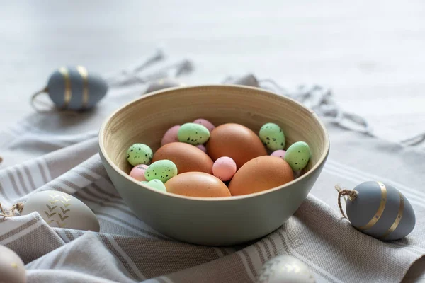 Close Pastel Photo Colorful Easter Eggs Day Light — Stock Photo, Image