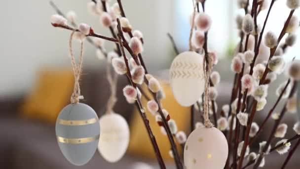 60Fps Close Video Beautiful Easter Willow Branches Hanging Easter Colorful — Stock Video