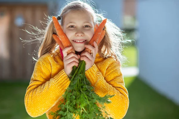 Niña Divertida Jersey Amarillo Posando Con Racimo Zanahorias Durante Recolección —  Fotos de Stock