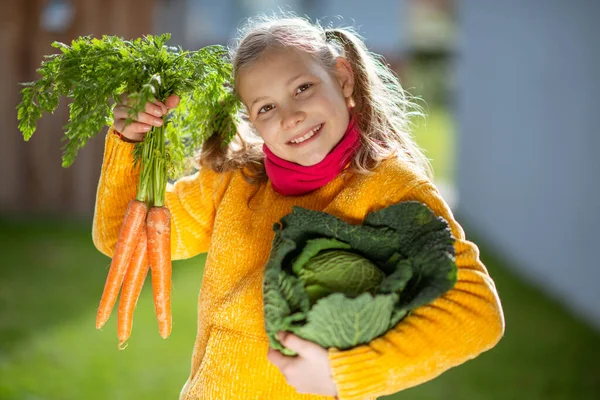 Funny Little Girl Two Pigtails Yellow Smiling Fresh Autumn Harvest — Stock Photo, Image