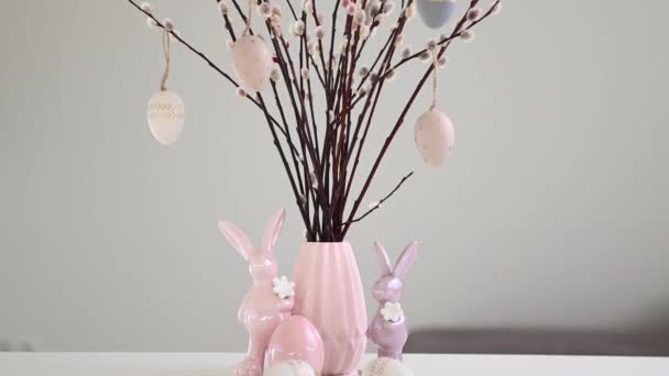 Decorating Easter Table Vase Eater Willow Branches Hanging Eggs Rabbits — Stock Video
