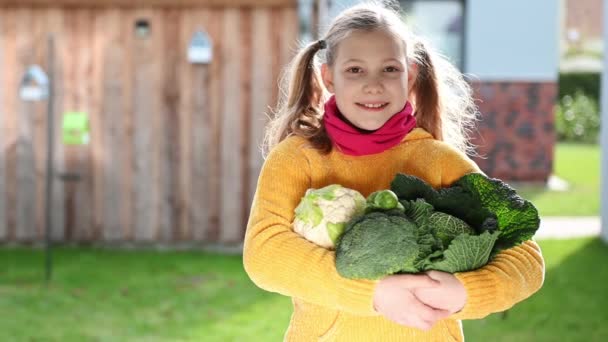 可愛いですティーン子供女の子保持野菜収穫で晴れた日 — ストック動画