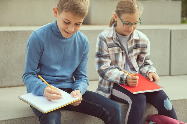 Manliga Och Kvinnliga Klasskamrater Studerar Skolgården Efter Lektionerna — Stockfoto