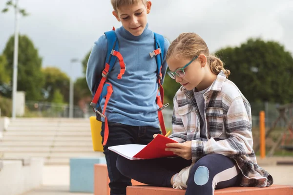 Manliga Och Kvinnliga Klasskamrater Studerar Skolgården Efter Lektionerna — Stockfoto