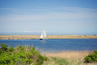 Almanya 'nın kuzeyinde Baltık Denizi kıyısında, denizde yelkenli teknesi var.