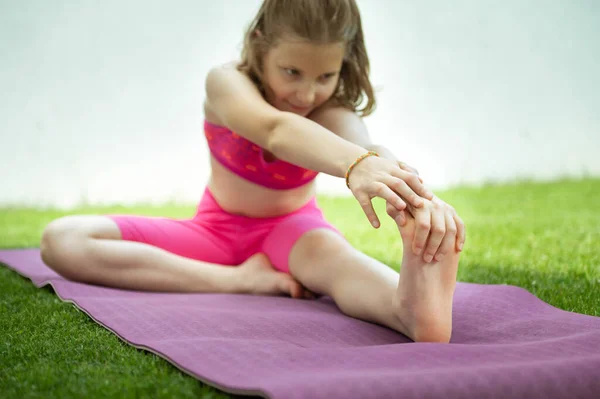 Happy Beautiful Child Girl Doing Stretching Exercises Yoga Mat Sport — Stockfoto