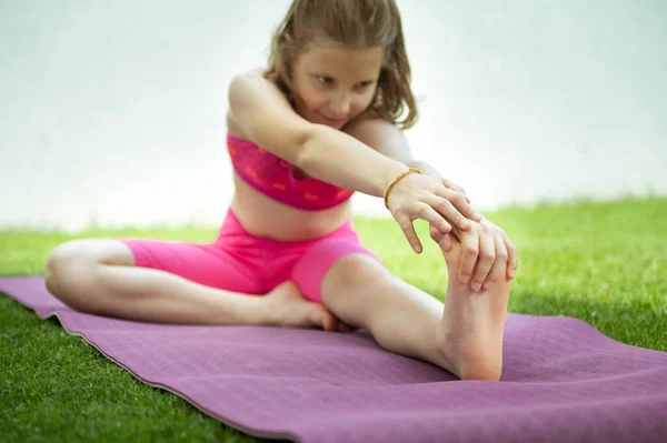 Happy Beautiful Child Girl Doing Stretching Exercises Yoga Mat Sport — Stock Photo, Image