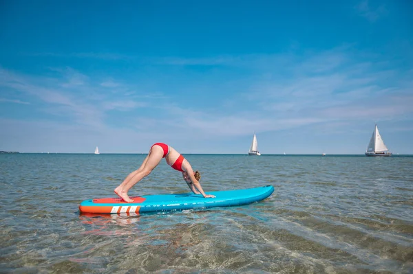 Sporty Teen Girl Practising Yoga Sup Paddle Board — 스톡 사진