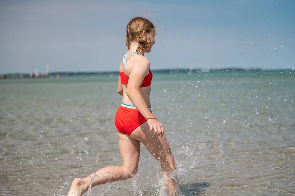Happy Teen Child Girl Running Splashing Water Turquoise Sea Summer — Photo