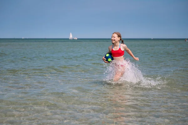 Beautiful Child Girl Playful Running Water Sea Summer — Foto de Stock