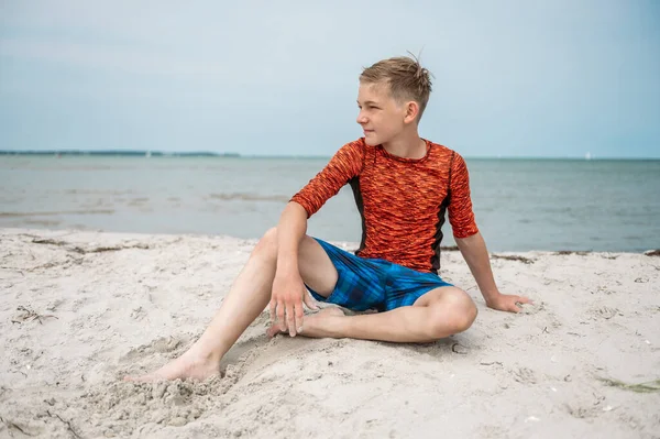 Portrait Handsom Teen Boy Beautiful White Beach Summer Holidays Imagens De Bancos De Imagens