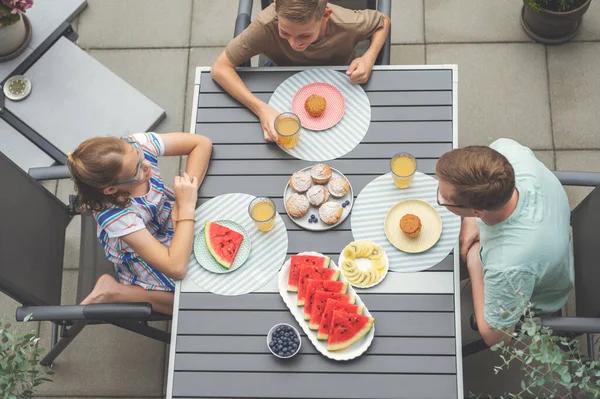 Happy Family Having Brunch Outdoors Top View Stock Fotó