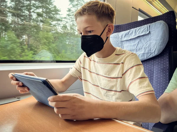 Teen Boy Playing Tablet His Train Journey Vacation — Stock Fotó