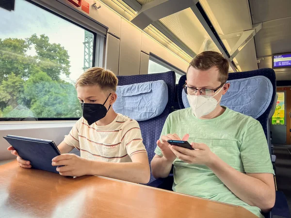 Teen Son His Father Travelling Railroad Watching Movie Tablet — Stock Fotó