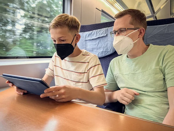 Teen Son His Father Travelling Railroad Watching Movie Tablet — Stock Fotó