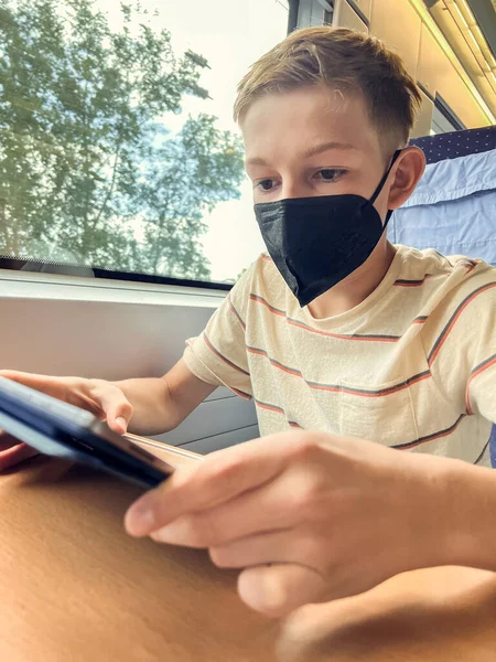 Teen Boy Playing Tablet His Train Journey Vacation — Stock Fotó