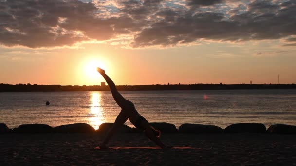 Spowolniony Film Kobiety Ćwiczącej Jogę Wybrzeżu Morza Bałtyckiego Podczas Zachodu — Wideo stockowe