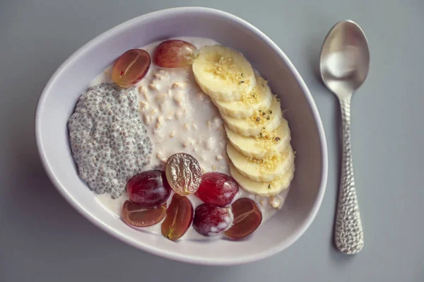 Flatlay Fotografie Zdravé Snídaně Cereálie Hrozny Banány Chia Stock Snímky