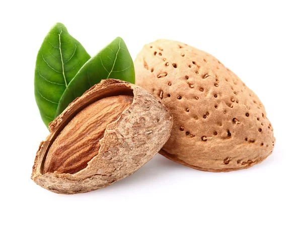 Nueces de almendras con hojas —  Fotos de Stock