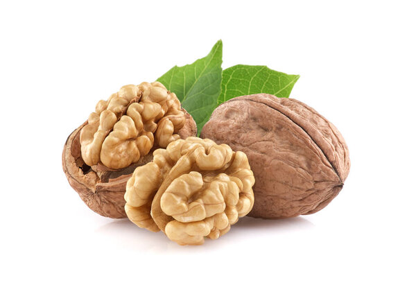Walnuts with leaves on white background