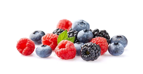 Beeren Mit Blättern Vermischen Himbeere Brombeere Blaubeere — Stockfoto