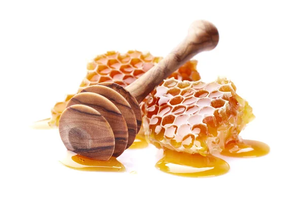 Honingraten Met Olijfhouten Lepel Witte Ondergrond — Stockfoto
