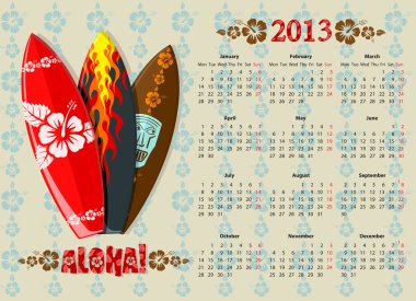 Aloha surf Komiteler ile takvimi 2013 vektör