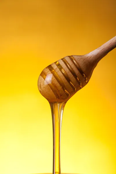 Wooden drizzler and flowing honey — Stock Photo, Image