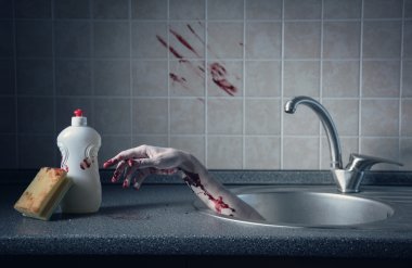 Bloody hand in kitchen sink, crime scene