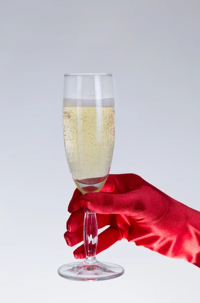 Kvinnlig hand i röd opera handsken håller champagne glas — Stockfoto