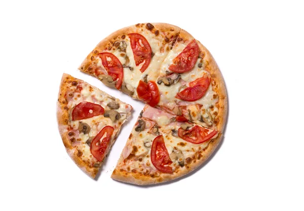 Smaczne włoskie pizzy z szynką i pomidorami — Zdjęcie stockowe