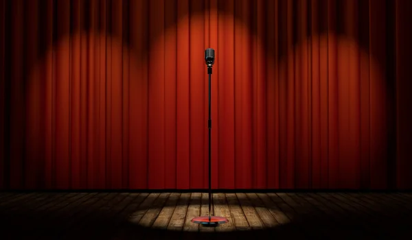 Microphone on stage with red curtain — Stock Photo, Image