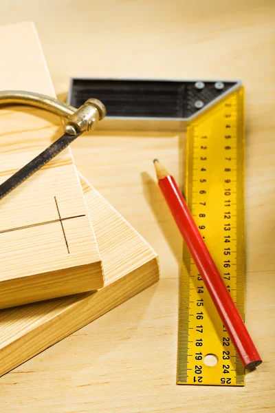 Boards and pencil with ruller saw — Stock Photo, Image