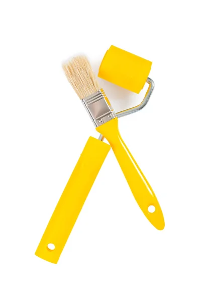 Pincel amarillo y paintroller — Foto de Stock