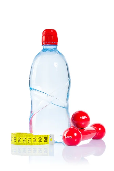 Halteres garrafa e fita métrica — Fotografia de Stock