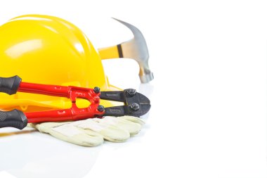 çelik kesici hardhat ve çekiç ile eldiven üzerinde